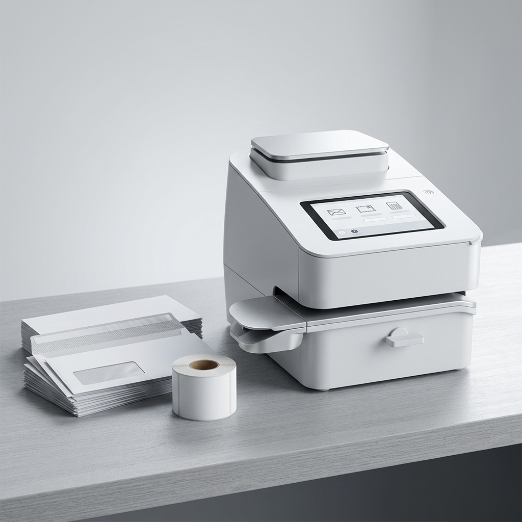 Mailcoms Mailsend Prime desktop franking machine beside a stack of business envelopes and a roll of franking labels on a tidy office mailroom desk