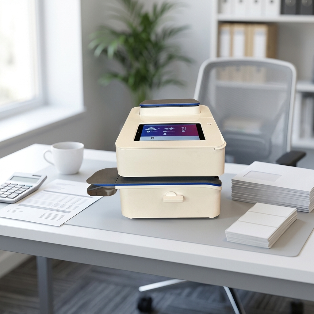 Mailcoms Mailsend Prime franking machine on a bright office mailroom desk with envelopes, franking labels and a cost sheet