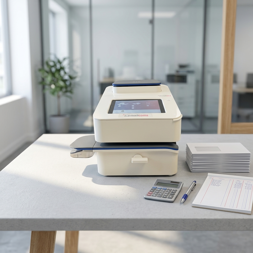 Mailcoms desktop franking machine on an office desk beside white business envelopes, a calculator and an accounts ledger