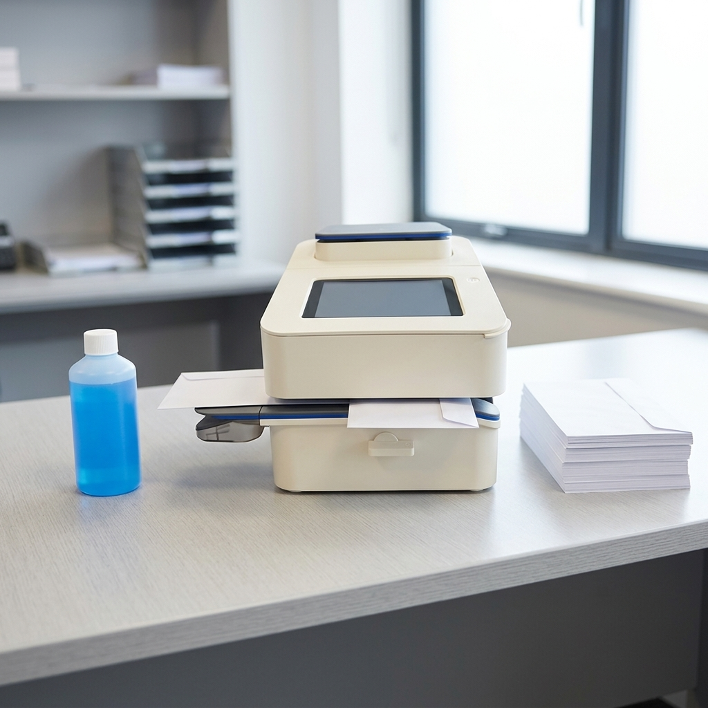 Desktop franking machine on an office desk beside a bottle of envelope sealing solution and a stack of white gummed envelopes