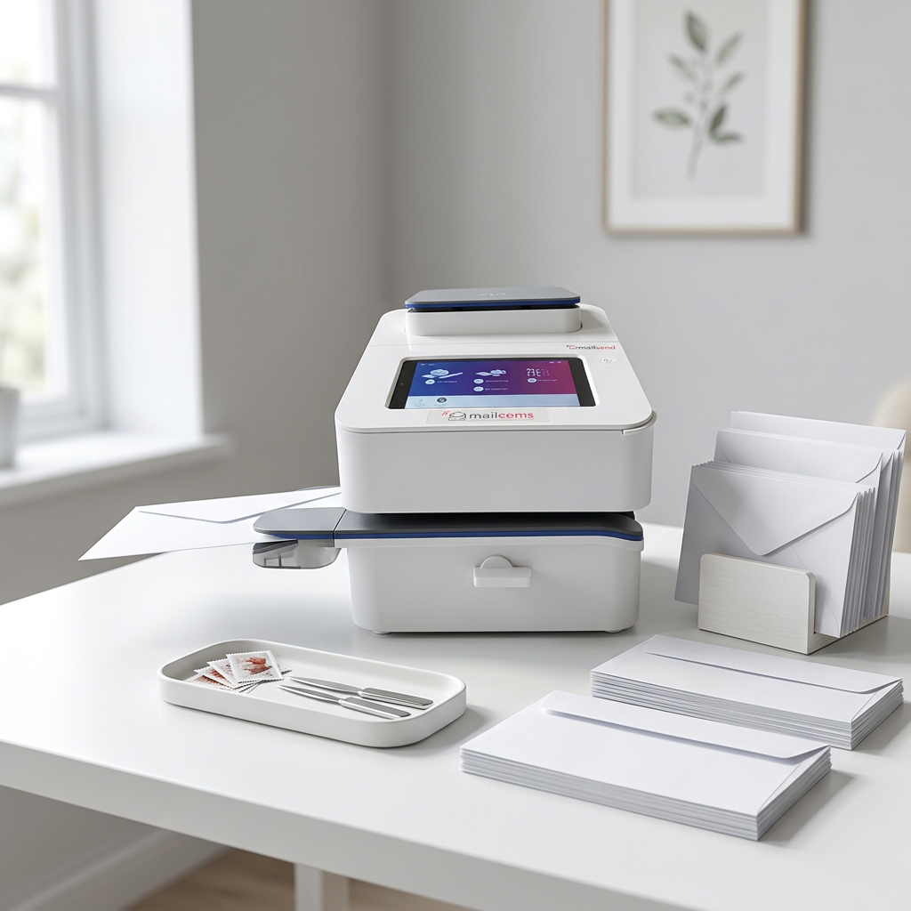 A cream franking machine feeding an envelope, with stacks of DL, C5 and C4 business envelopes neatly arranged on a clean desk