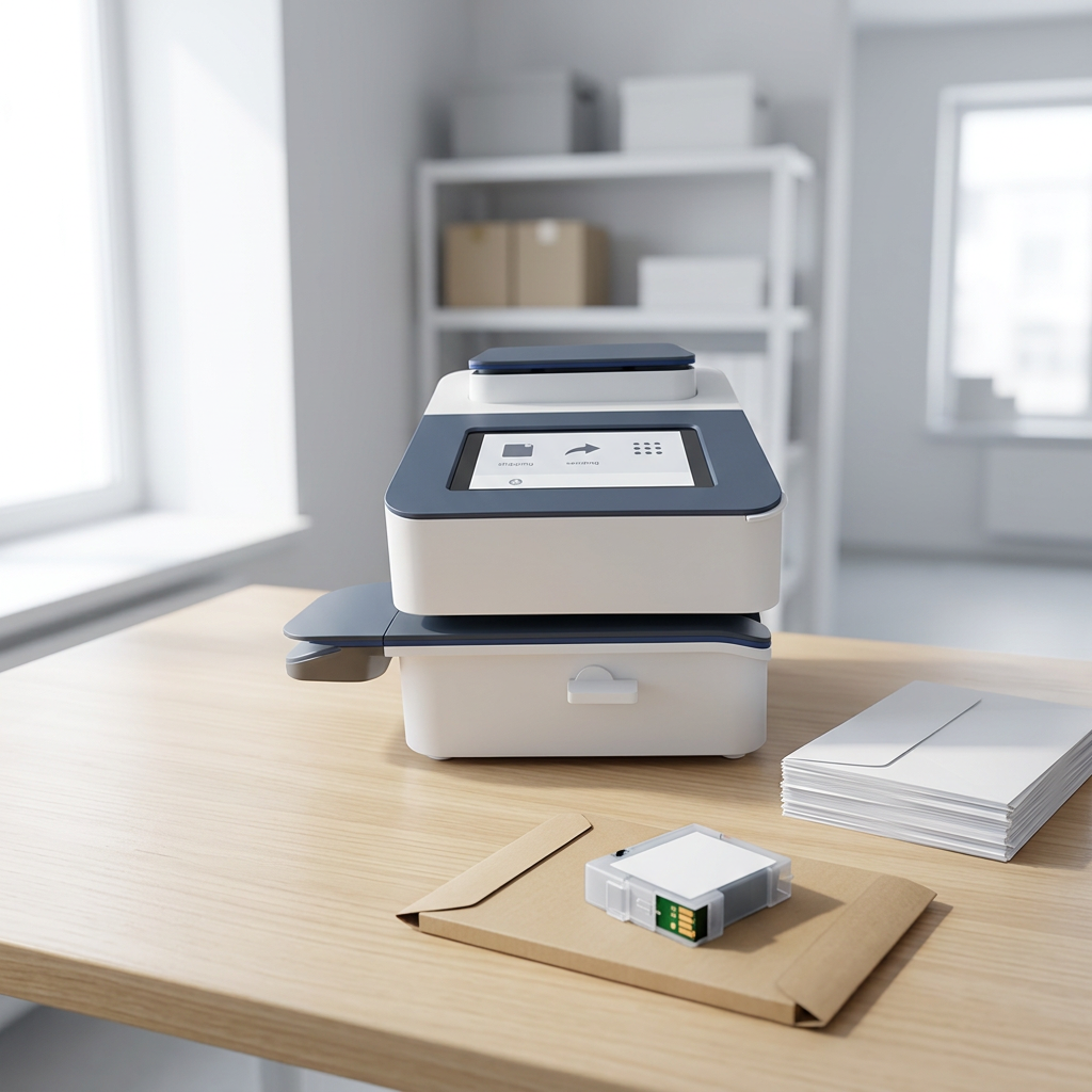 Mailcoms Mailsend Prime franking machine on a tidy mailroom desk with envelopes and an empty ink cartridge ready for refilling