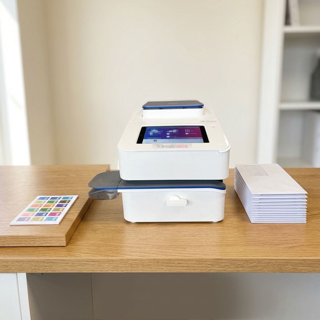 Mailsend Prime franking machine on a bright office desk beside a stack of business envelopes and a sheet of postage stamps