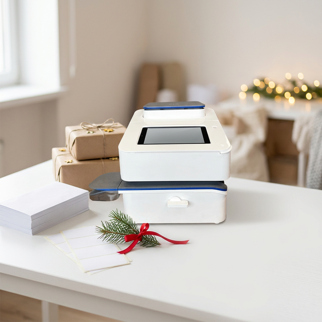Mailcoms franking machine on a bright office desk with envelopes, labels and parcels ready for Christmas posting